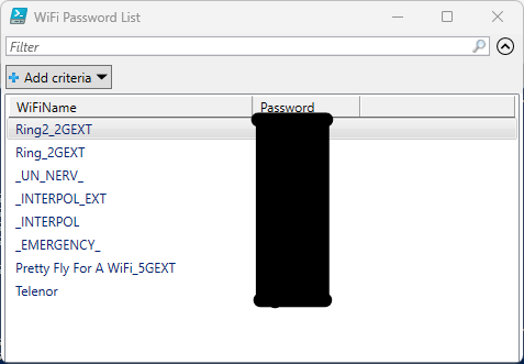 Out-GridView window with wifi names and passwords